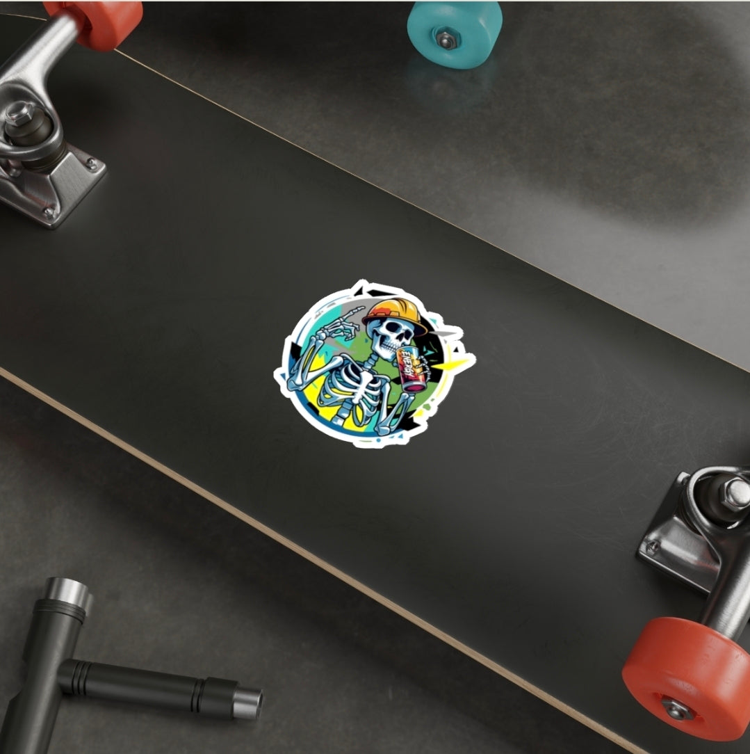 Skeleton Chugging Energy Drink Funny Hard Hat Sticker Blue Collar Decal Construction