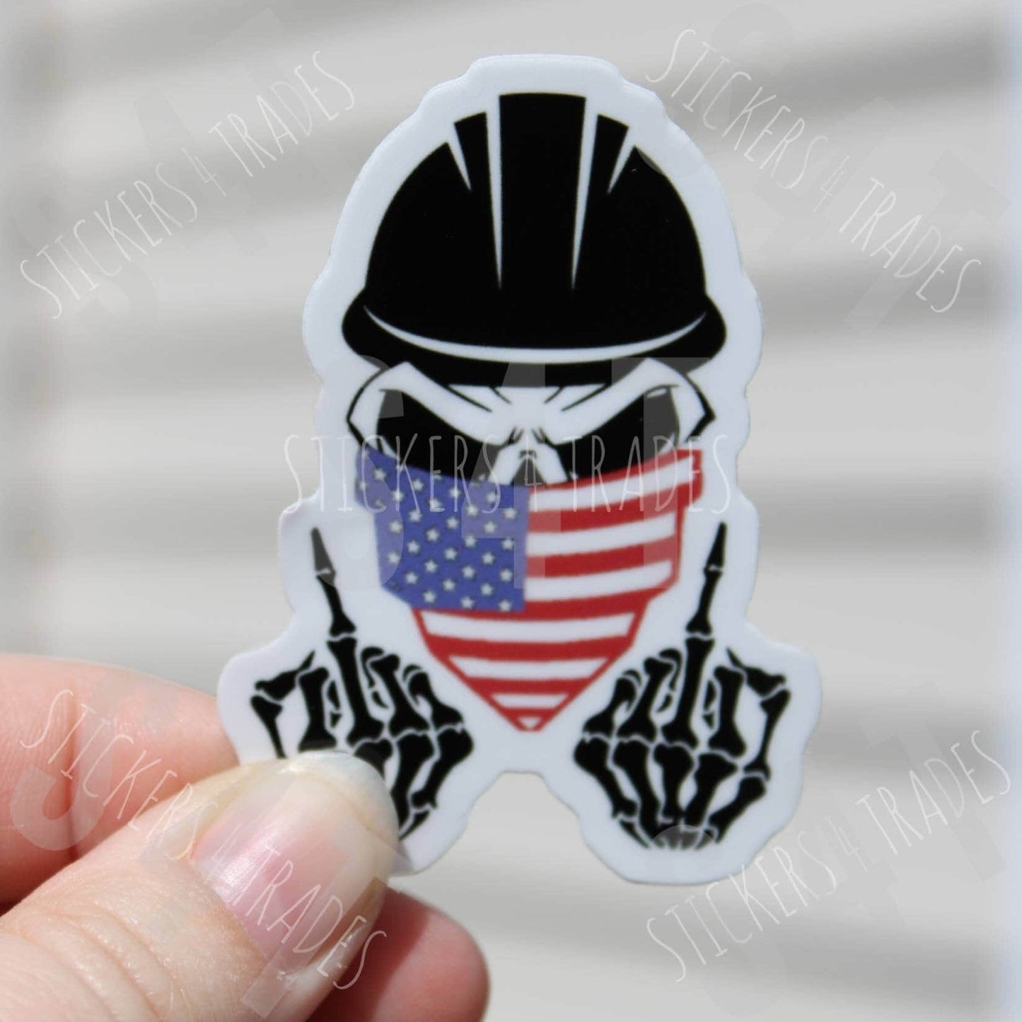 American Construction Skull Blue Collar Middle Finger Hard Hat Sticker Gift for husband boyfriend father lineman ironworker Waterproof Vinyl