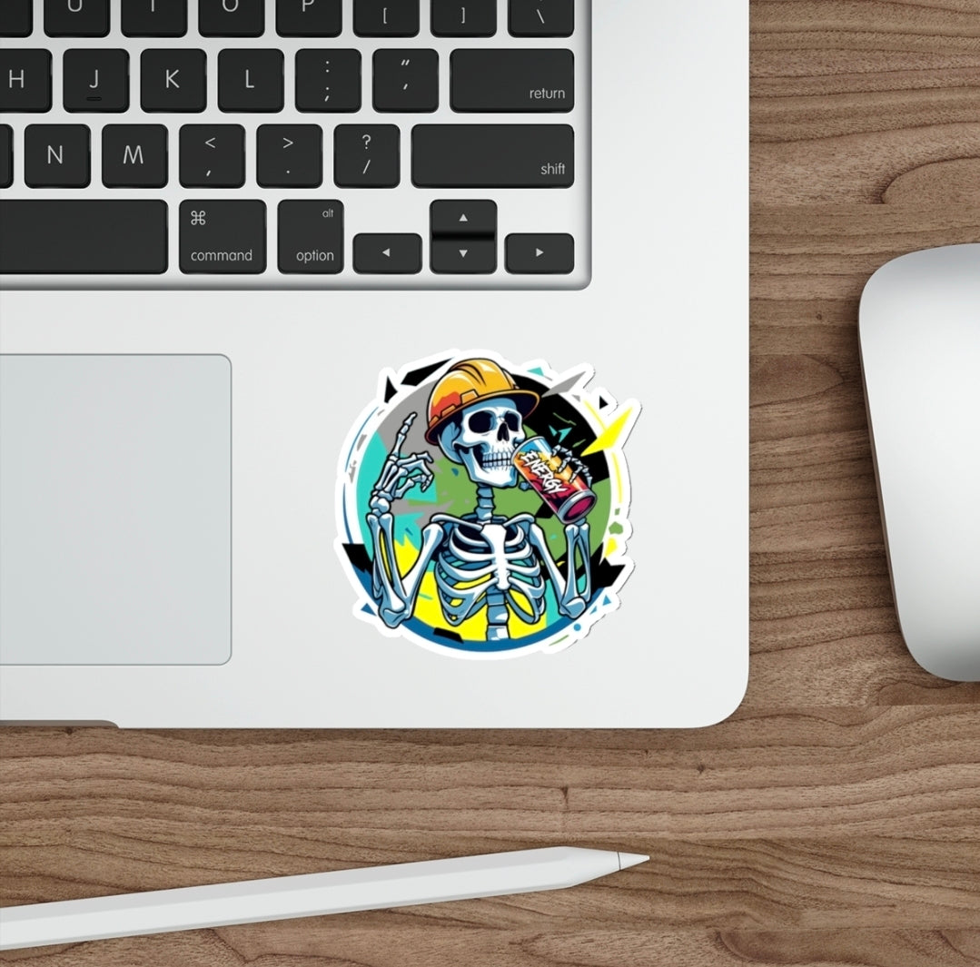 Skeleton Chugging Energy Drink Funny Hard Hat Sticker Blue Collar Decal Construction