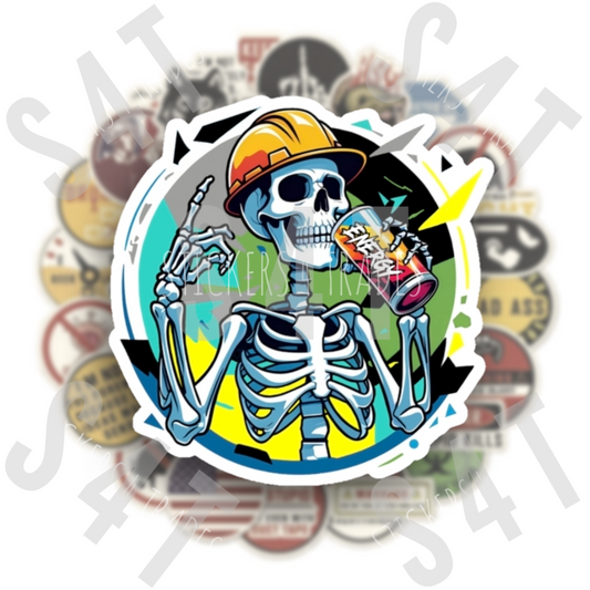 Skeleton Chugging Energy Drink Funny Hard Hat Sticker Blue Collar Decal Construction