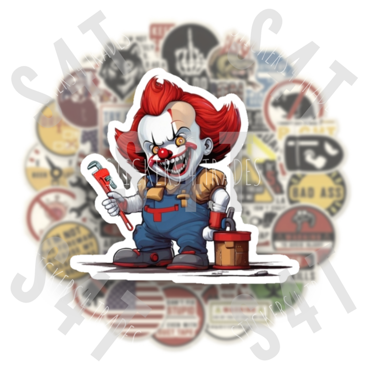 Fitter Plumber IT Halloween Sticker Funny Creepy Clown Pipe Wrench Gift for Husband Boyfriend Crew Hard Hat Toolbox Lunch box Water Bottle Horror Movie