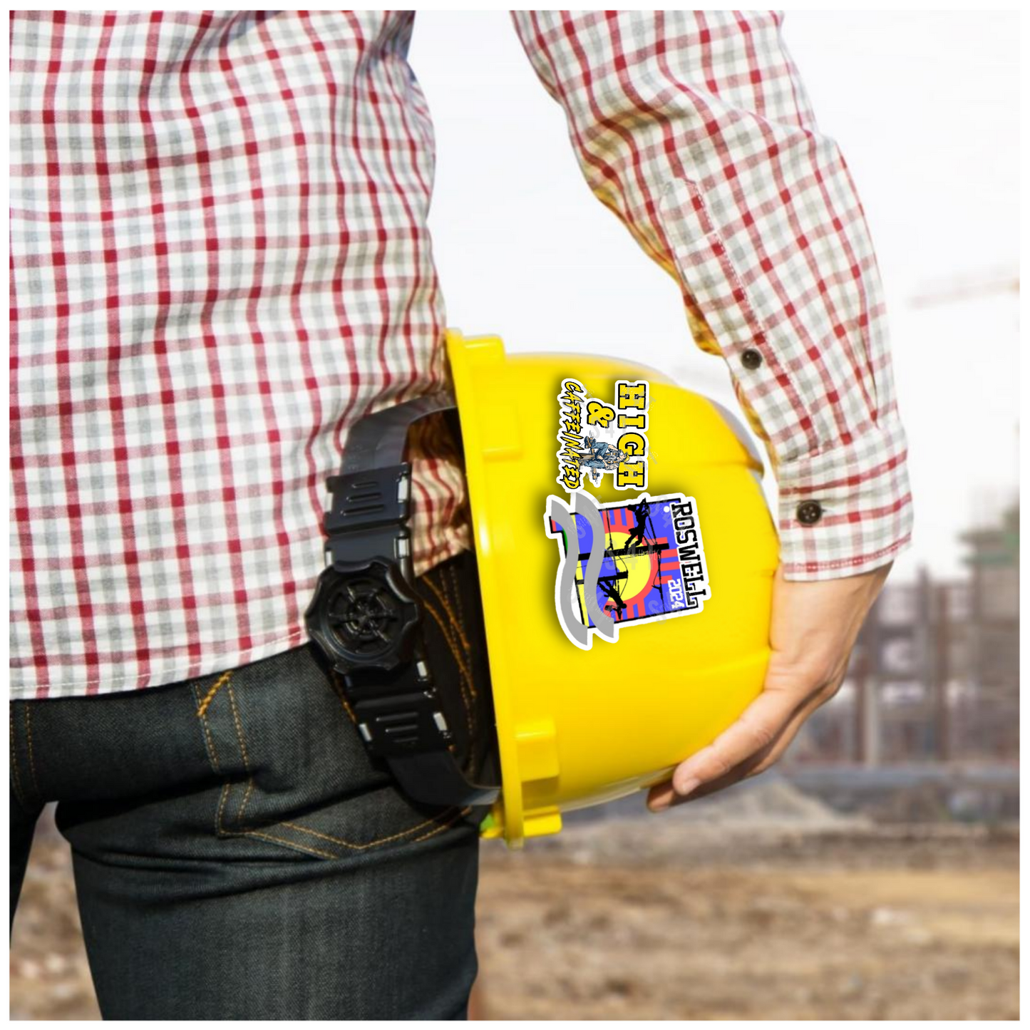 High & Caffeinated Lineman Sticker Hard Hat Decal Blue Collar Badge