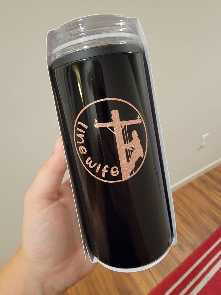 Lineman Line Wife Slim Can Insulator and tumbler with lid rose gold glitter permanent decal