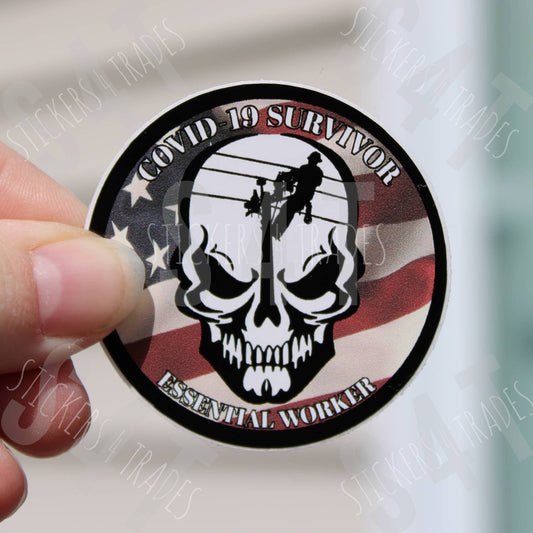 Lineman Skull Hard Hat Sticker Essential American Flag Survivor Waterproof Sticker Decal Vinyl Blue Collar Gift for Husband Boyfriend Father